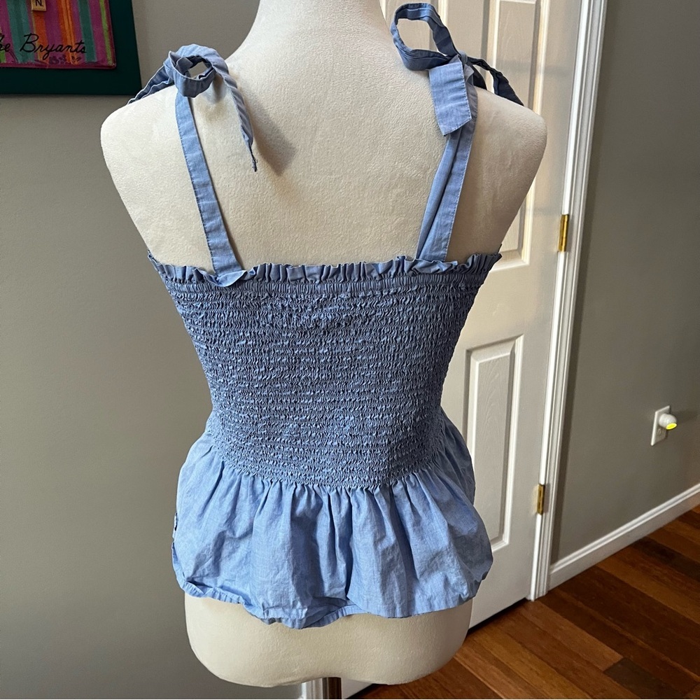 J. Crew Medium Blue Smocked Tie-Shoulder Tank Top Chambray Fabric Stretchy - Picture 7 of 10